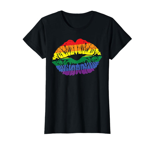 180g pure cotton round neck single side printed T-shirt, sexy rainbow lips kiss mouth gay pride retro LGBT flag gift T-shirt, casual T-shirt for men and women, perfect T-shirt for holiday gift, Christmas gift, 2025 gift, New Year gift