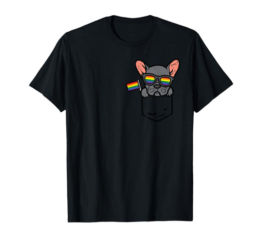 180g pure cotton round neck single side printed T-shirt, French Bulldog French Dog pocket LGBTQ rainbow gay pride T-shirt, casual T-shirts for men and women, perfect T-shirt for holiday gifts, Christmas gifts, 2025 gifts, New Year gifts