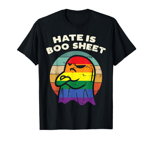 180g Cotton Round Neck Single Side Printed T-Shirt, Gay Pride Ghost Hate Boo Sheet Rainbow Flag LGBTQ Men Women T-Shirt, Casual T-Shirts for Men and Women, Perfect T-Shirt for Holiday Gifts, Christmas Gifts, 2025 Gifts, New Year Gifts