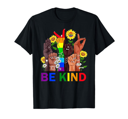 180g pure cotton round neck single side printed T-shirt, Be Kind Sign Language LGBT Black Rainbow Equality Gay Pride T-shirt, Casual T-shirts for Men and Women, Perfect T-shirt for Holiday Gifts, Christmas Gifts, 2025 Gifts, New Year Gifts