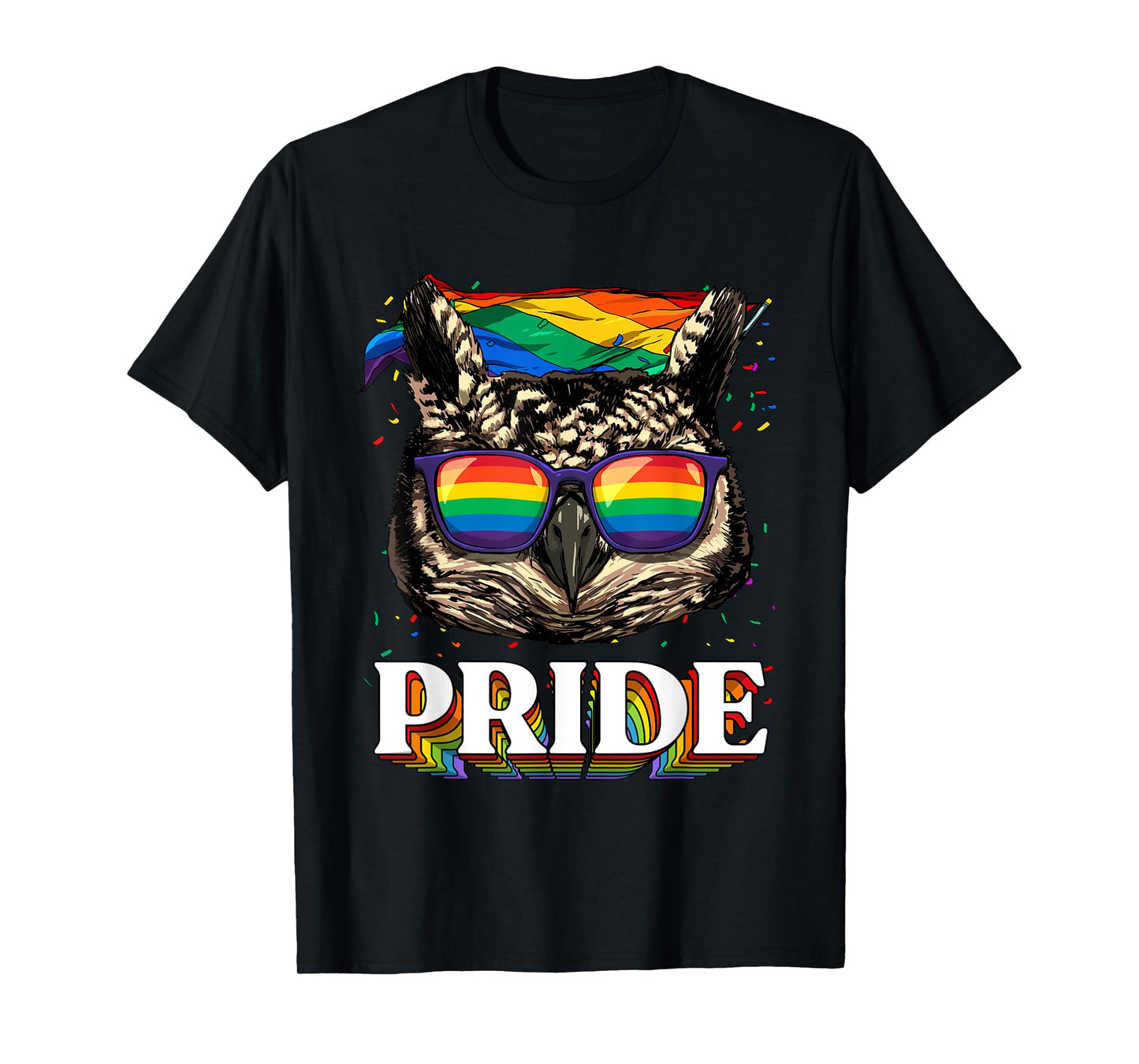180g pure cotton round neck single side printed T-shirt, LGBT owl gay pride LGBTQ rainbow flag sunglasses T-shirt, casual T-shirts for men and women, perfect T-shirt for holiday gifts, Christmas gifts, 2025 gifts, New Year gifts