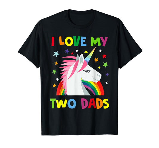 180g pure cotton round neck single-sided printed T-shirt, I love my two dads LGBTQ cute LGBT gay ally unicorn T-shirt, casual T-shirts for men and women, perfect T-shirt for holiday gifts, Christmas gifts, 2025 gifts, New Year gifts
